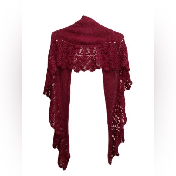 New Crochet Shawl Wrap Scarf Red Burgundy Festival Cottagecore Christmas Holiday - Picture 2 of 5